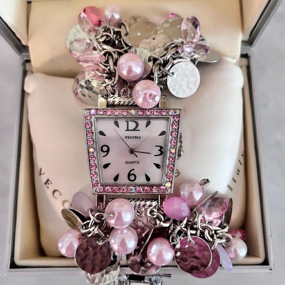 NWT Vecceli Italy Clustered Beads & Rhinestones Bracelet Wristwatch Pink OS